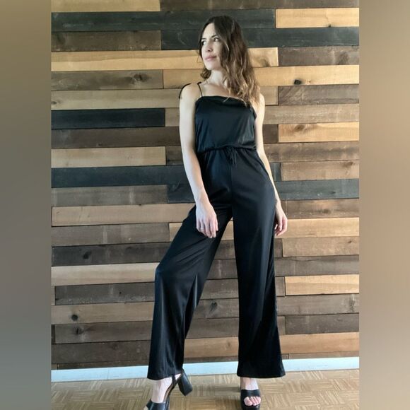 Vintage 70s Union Made Black Disco Jumpsuit Adjustable Straps Zip Back - Picture 6 of 14
